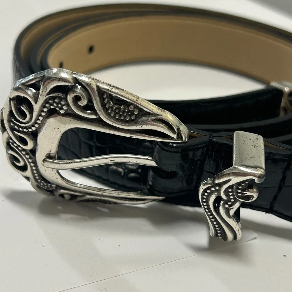 Coldwater Creek Black Croc Leather Western Belt Silver Ornate Buckle 2X 2007